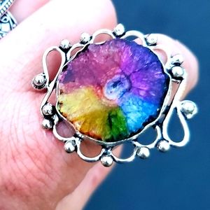 New Rainbow Solar Agate 925 Silver Statement Ring.